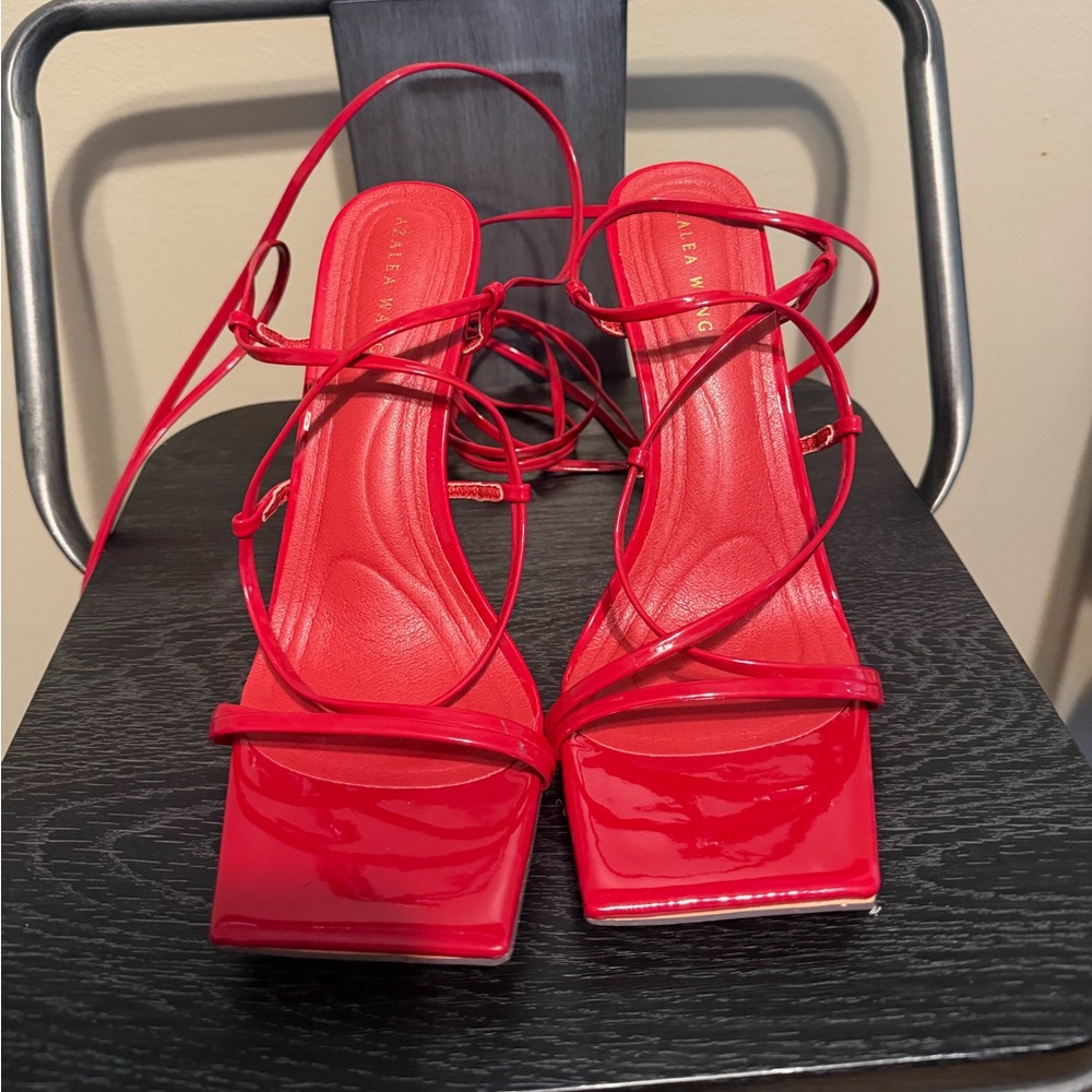 Azalea Wang Red Patent Lace Up Square Toe Heels Size 7 | Strappy Stiletto - Picture 3 of 9